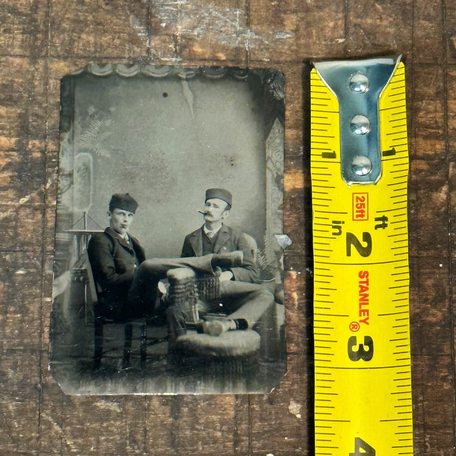 Antique Tintype of Cigar Smoking Gents in a Casual Pose | 1880s
