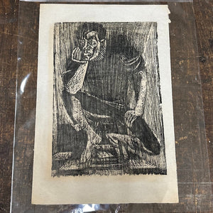 1960s Woodcut of Edgy Man Deep in Thought | Mystery Artist