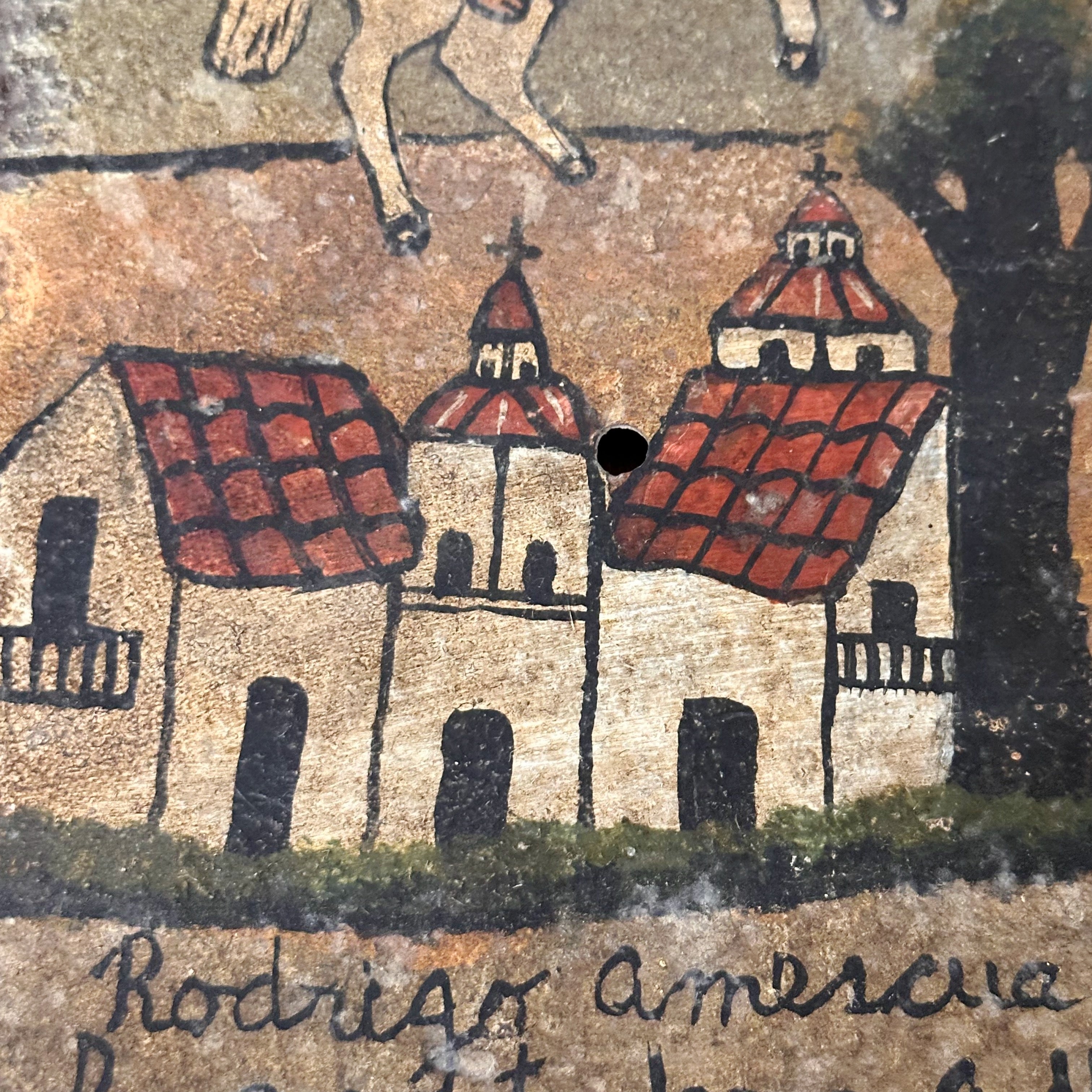 1920s Ex Voto Tin Retablo of Man Avoiding a Soldier Stabbing