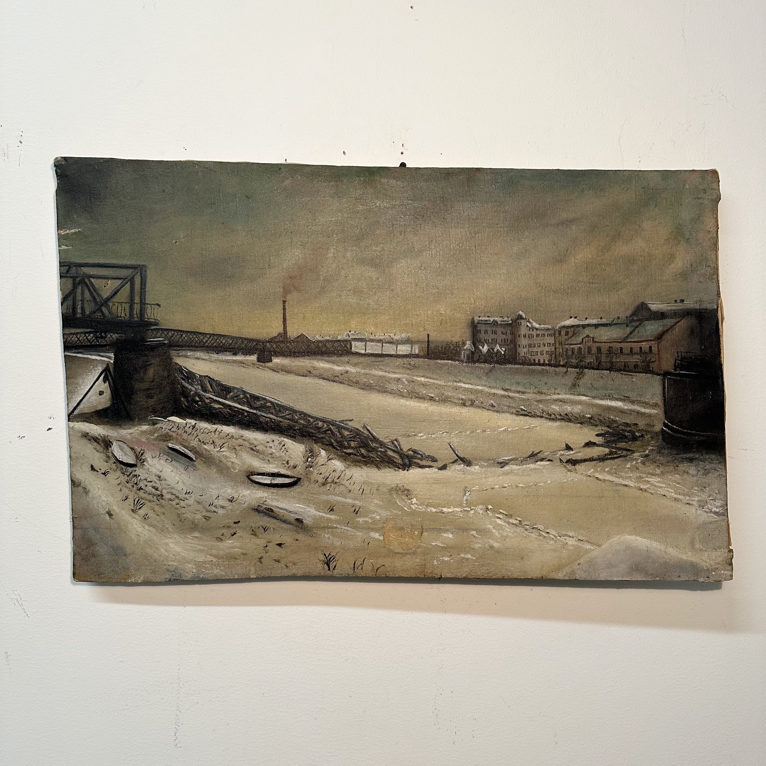 Early 1900s Industrial Painting of Landscape with Factories - Joy Division Vibe - Antique Artwork - Reverse Stamp - Mystery Artist - AS IS