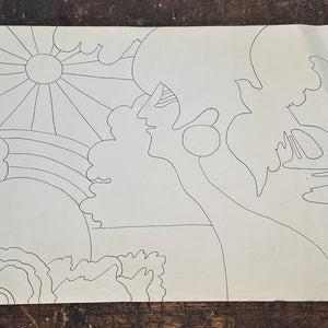 1970s Psychedelic Drawing of Woman Staring at Beaming Sun