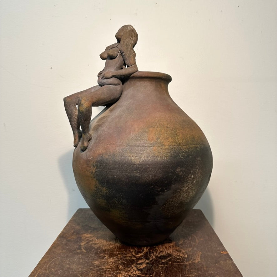 Vintage Art Pottery Vessel with Nude Woman Relaxing on the Ledge - 1990s Pottery - Unusual Fine Art Ceramics - Signed by Artist - Rare