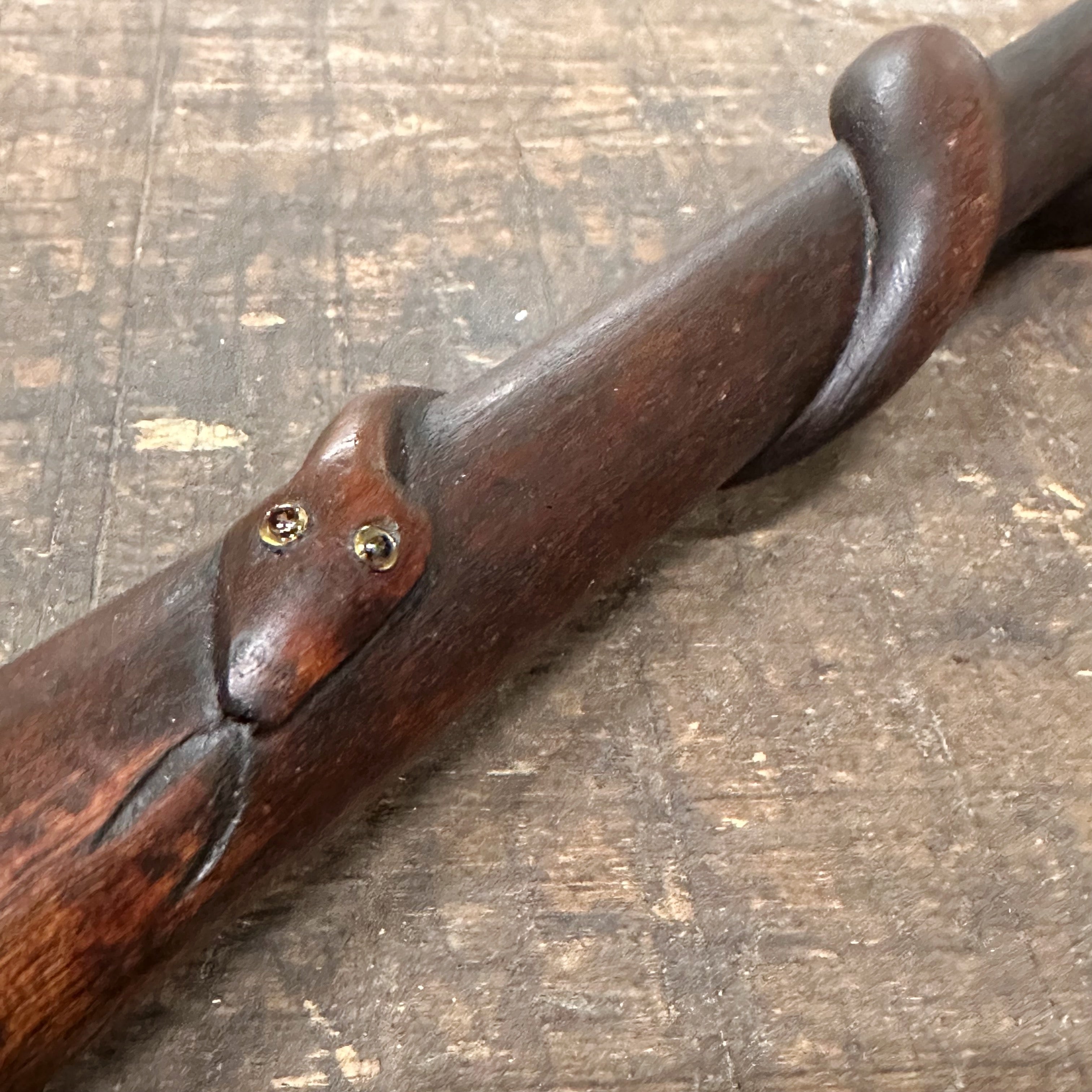 Antique Folk Art Snake Cane with Ornate Sterling Silver Band