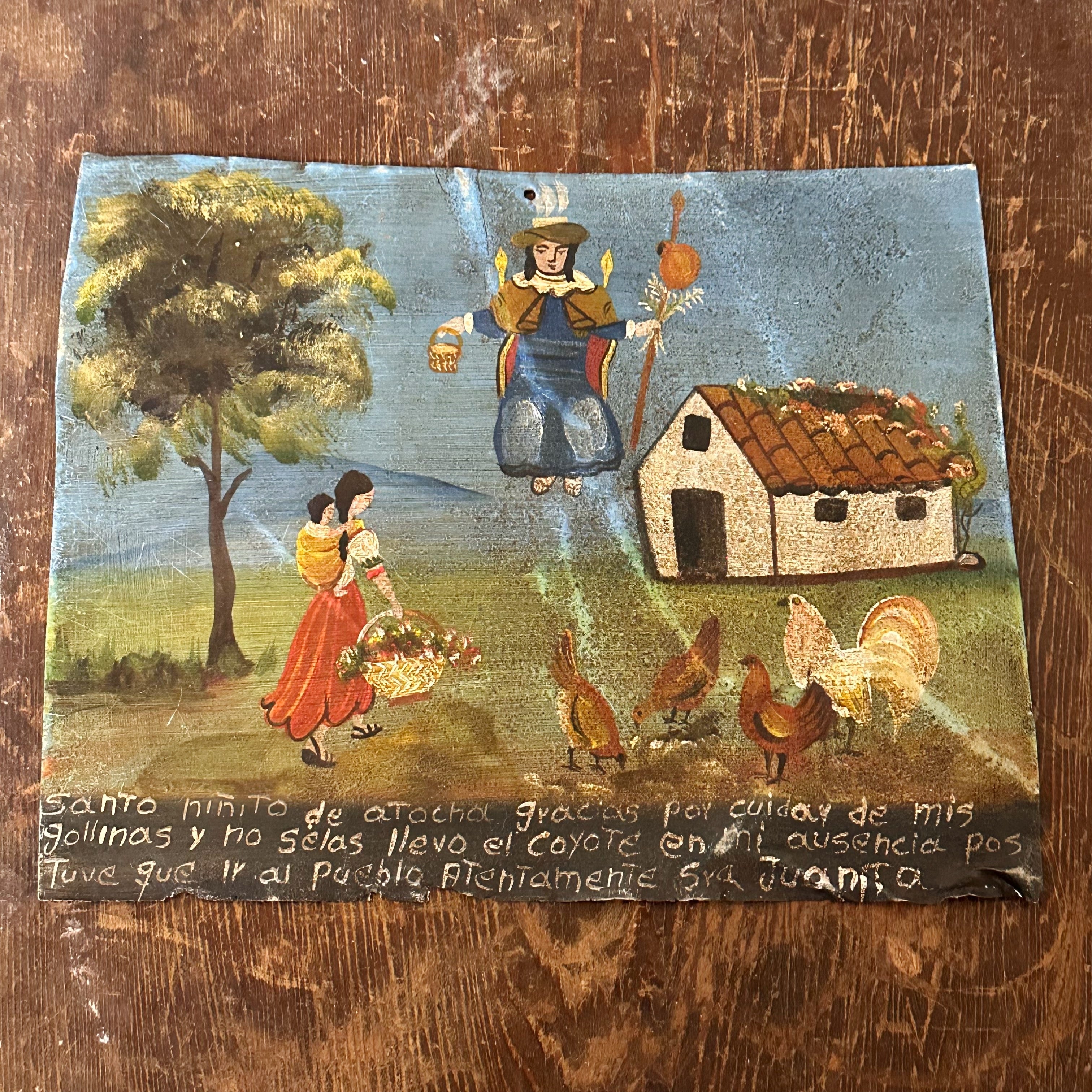 1920s Ex Voto Tin Retablo of Protecting the Chickens from Coyotes