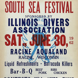 1960s Diving Poster from Illinois Divers Association - 1962 - Luau South Sea Festival - Racine Wisconsin - 21" x 14" -Rare Regional Art