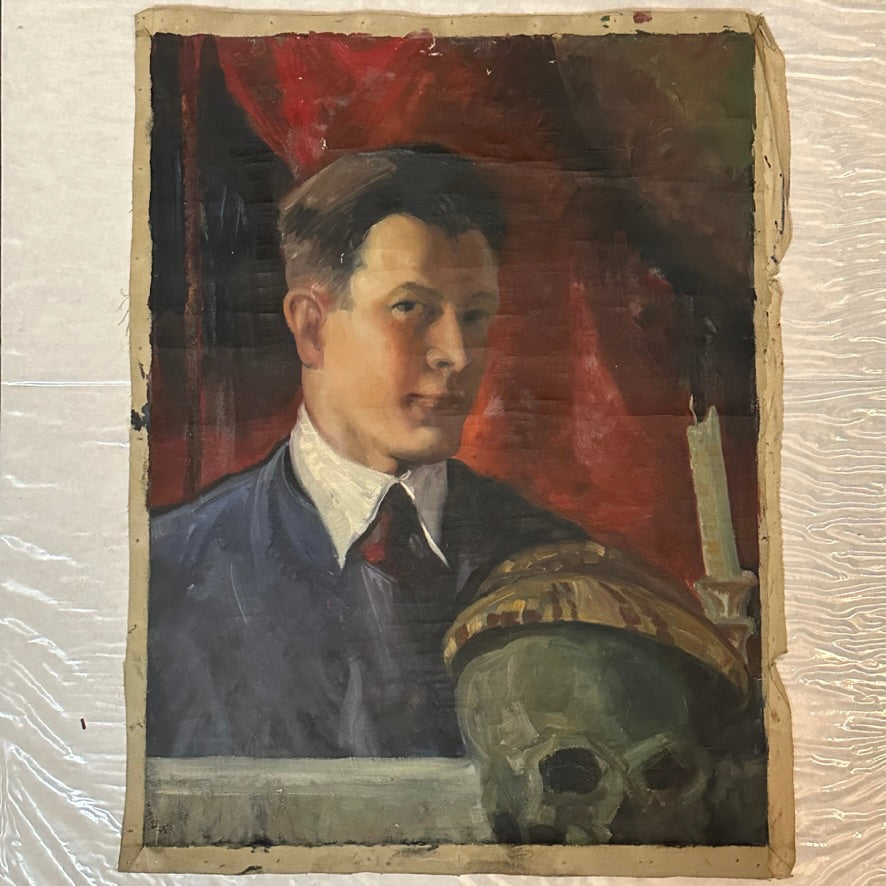Rare Early 1900s Memento Mori Painting of Artist with Skull by Louis E. Rasch - Minnesota Artist - Illustration Art - Antique Art Deco Paintings