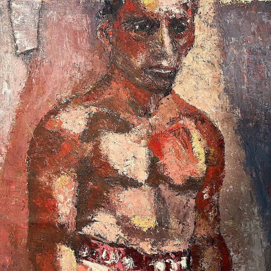 1940s Painting of Boxer - "The Catcher" - WPA Era Sports Paintings - Detroit Michigan Artist - Janice Craig - Exhibition Tag - 31" x 21"