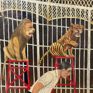 1930s Carnival Painting of Lion Tamer by Circus Painter R.G. Fiege