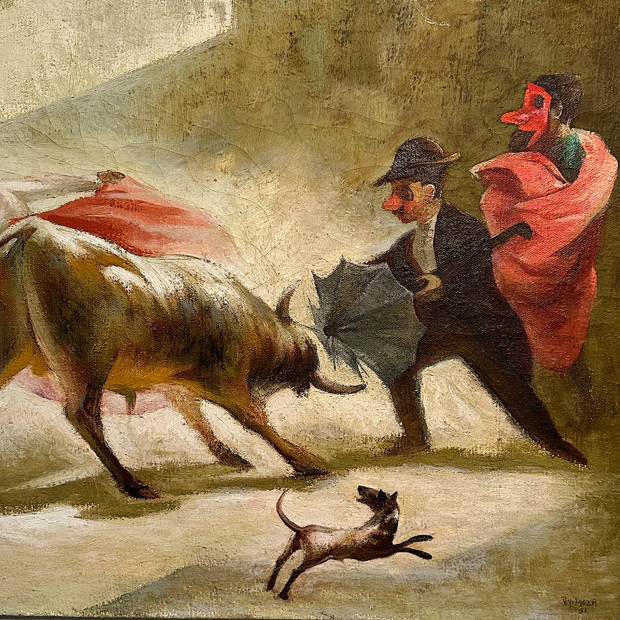 Rare Jose Reyes Meza Painting of Bullfighting Scene with Costumed Figures - 1950s Paintings by Listed Mexican Muralist - Signed and Dated 1951
