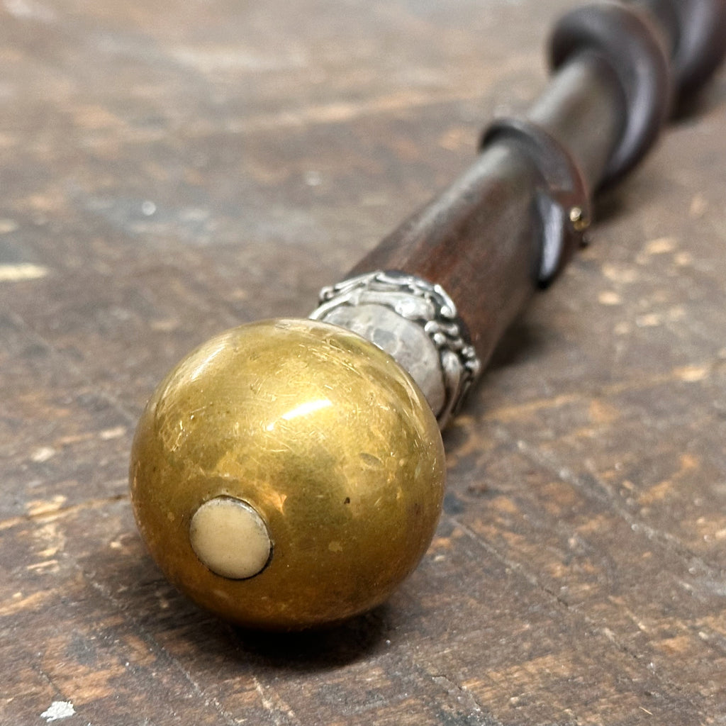Antique Folk Art Snake Cane with Ornate Sterling Silver Band - Glass Eyes - Brass Knob and Ferrule - 19th Century Walking Stick Serpent