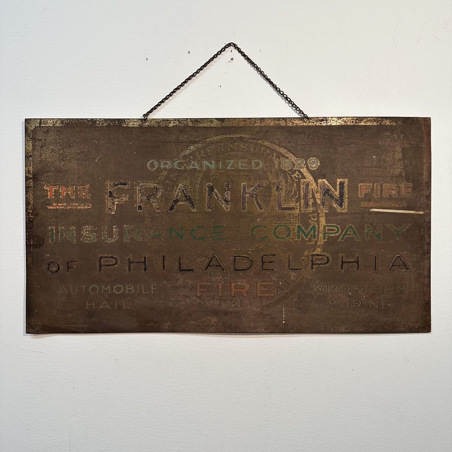 Antique Franklin Fire Insurance Company Of Philadelphia Sign - Rare Early 1900s Advertising Metal Signs - 27" x 14" Hanging Wall Art
