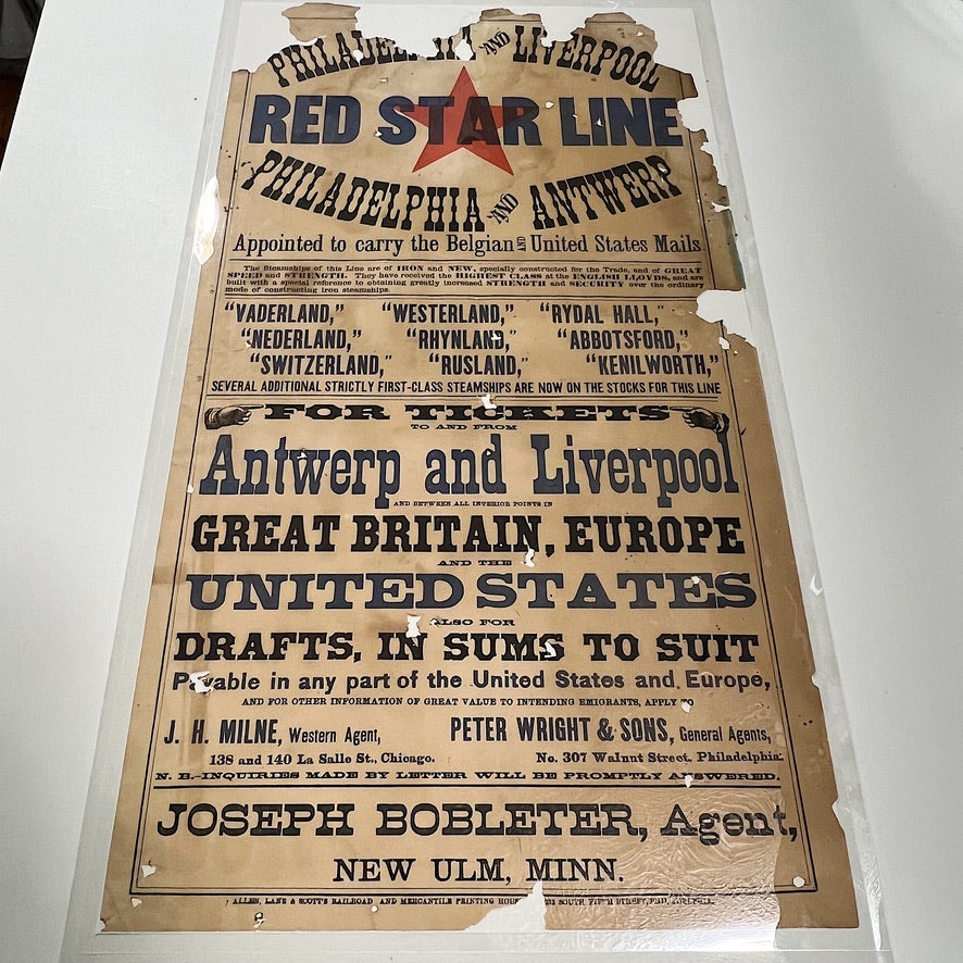 Rare 19th Century Red Start Liner Broadside Poster for Steamship - 1800s Antique Posters - Rare Immigrant Historical Documents - AS IS