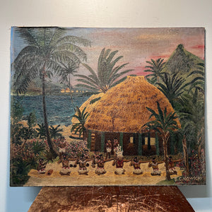 Rare 1940s Hawaiian Painting of Luau Ceremony by B.C. Nowicki - Rare Unusual Folk Art Paintings - Milwaukee Estate - Oil on Canvas Board - AS IS