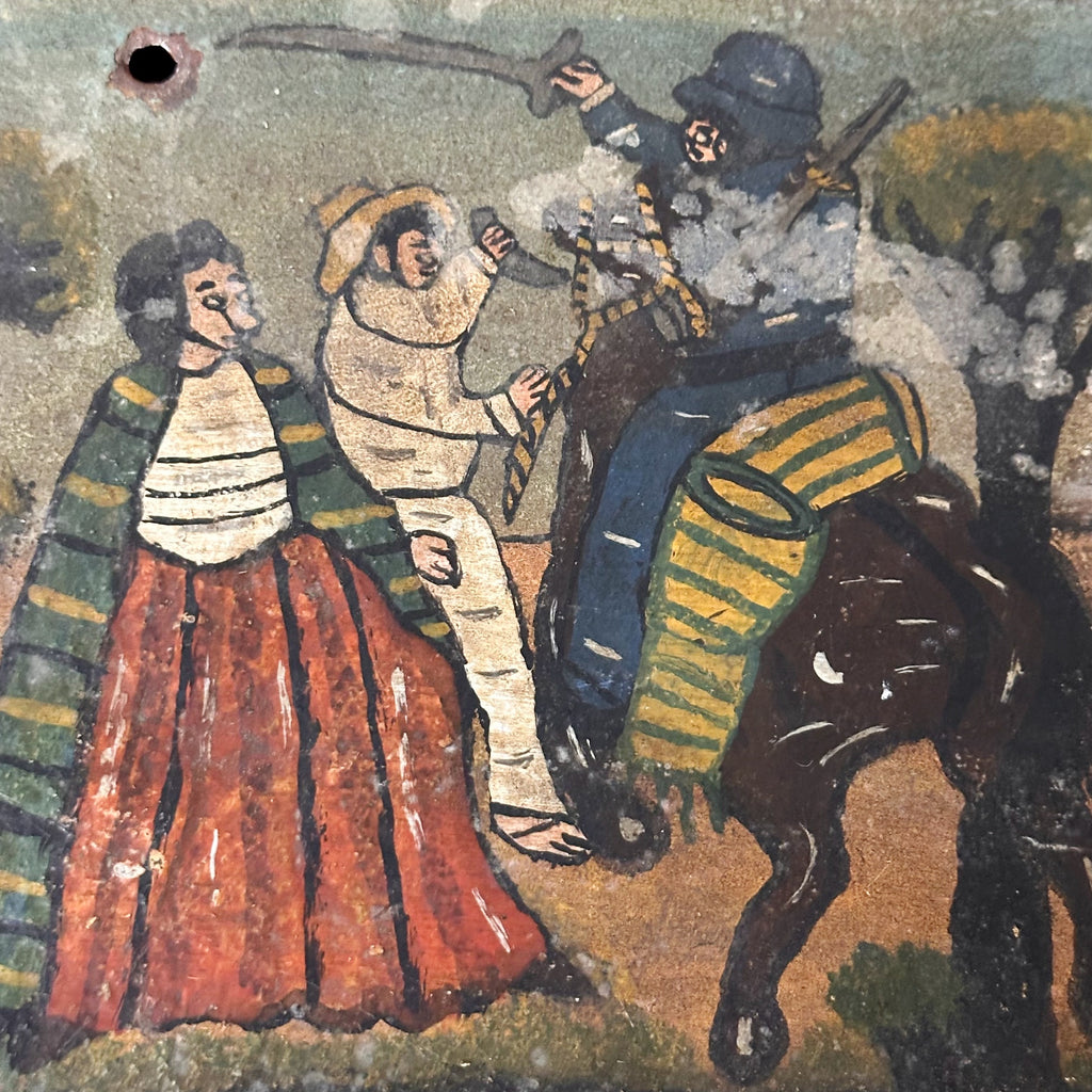 1920s Ex Voto Tin Retablo of Man Avoiding a Soldier Stabbing