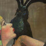 Early 1900s Egyptian Motif Painting of Woman and Exotic Bird