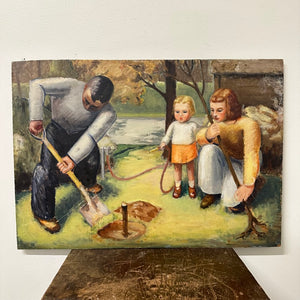 Rare 1930s WPA Painting of Family Planting a Tree - Antique Regionalist Paintings - Milwaukee Estate - Environmental Artwork - Rare Oil on Board