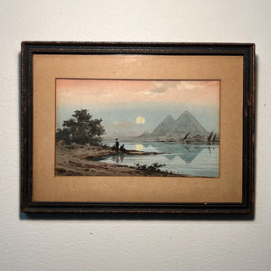 Rare Edwin Lord Weeks Watercolor Painting of Egyptian Pyramid Sunset Landscape - Signed Monogram - Late 1800s Orientalist Paintings -19th Century