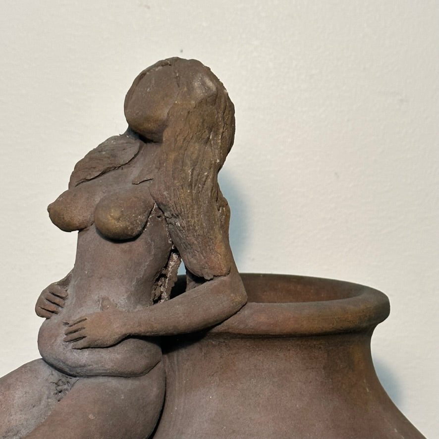 Vintage Art Pottery Vessel with Nude Woman Relaxing | 1990s