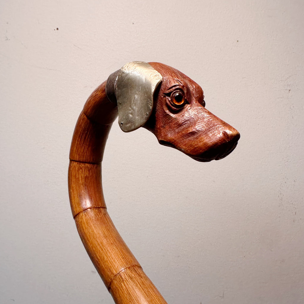 Antique Folk Art Hound Dog Cane with Glass Eyes and Silver Plating - Late 1800s - 19th Century Walking Stick - Rare Animal Carvings - 900 SP