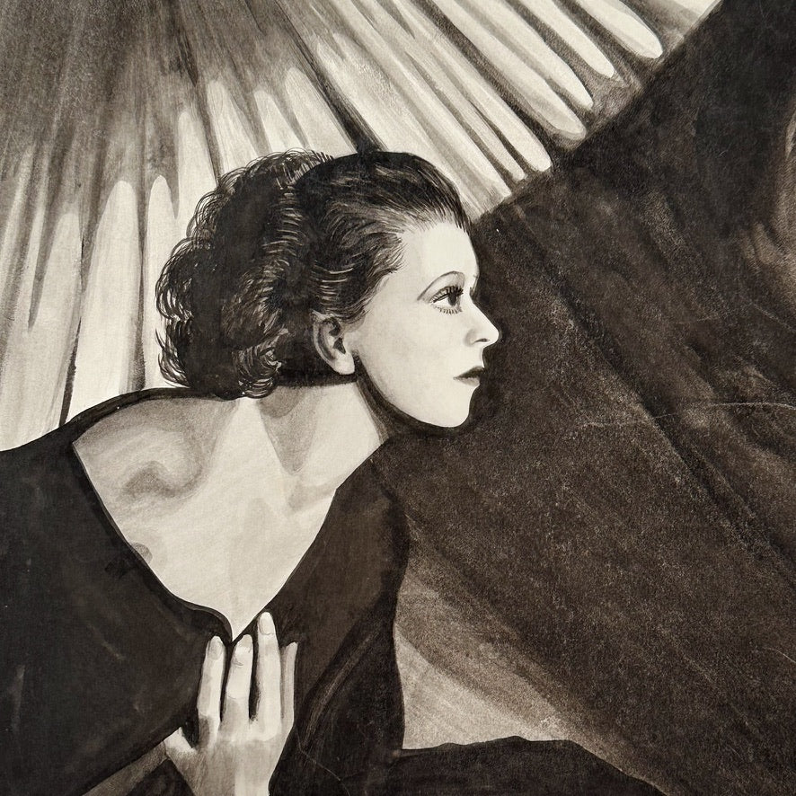 1960s Surreal Illustration Painting of Woman Peering In Film Noir Scene - Vintage Illustration Art - Black and White Watercolor on Paper
