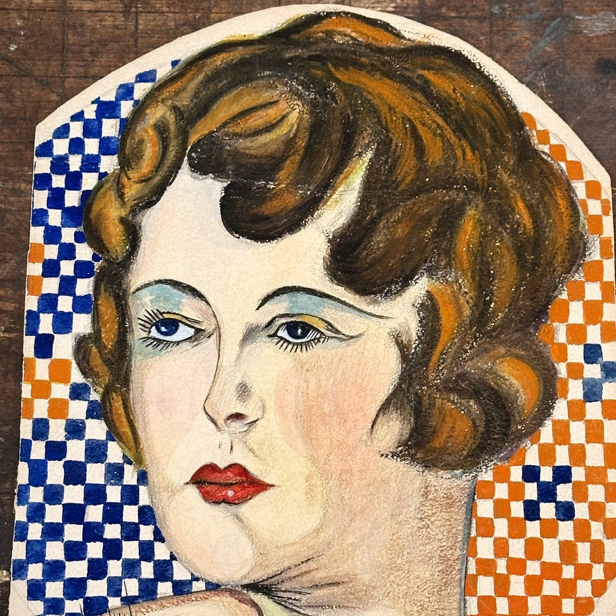 1920s Deco Painting of Stylized Flapper Woman Gazing - Signed Wickland - Antique Watercolor and Ink Paintings  - Rare Mystery Artist Art