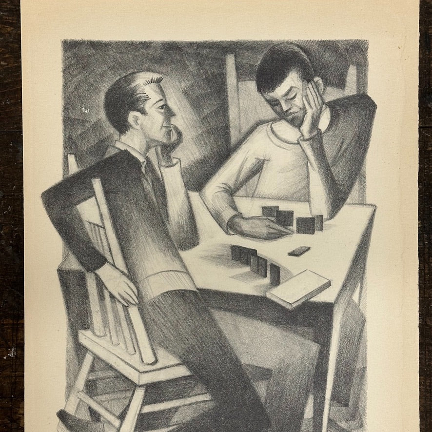 WPA Style Etching of Two Gents Playing a Game | 1950s