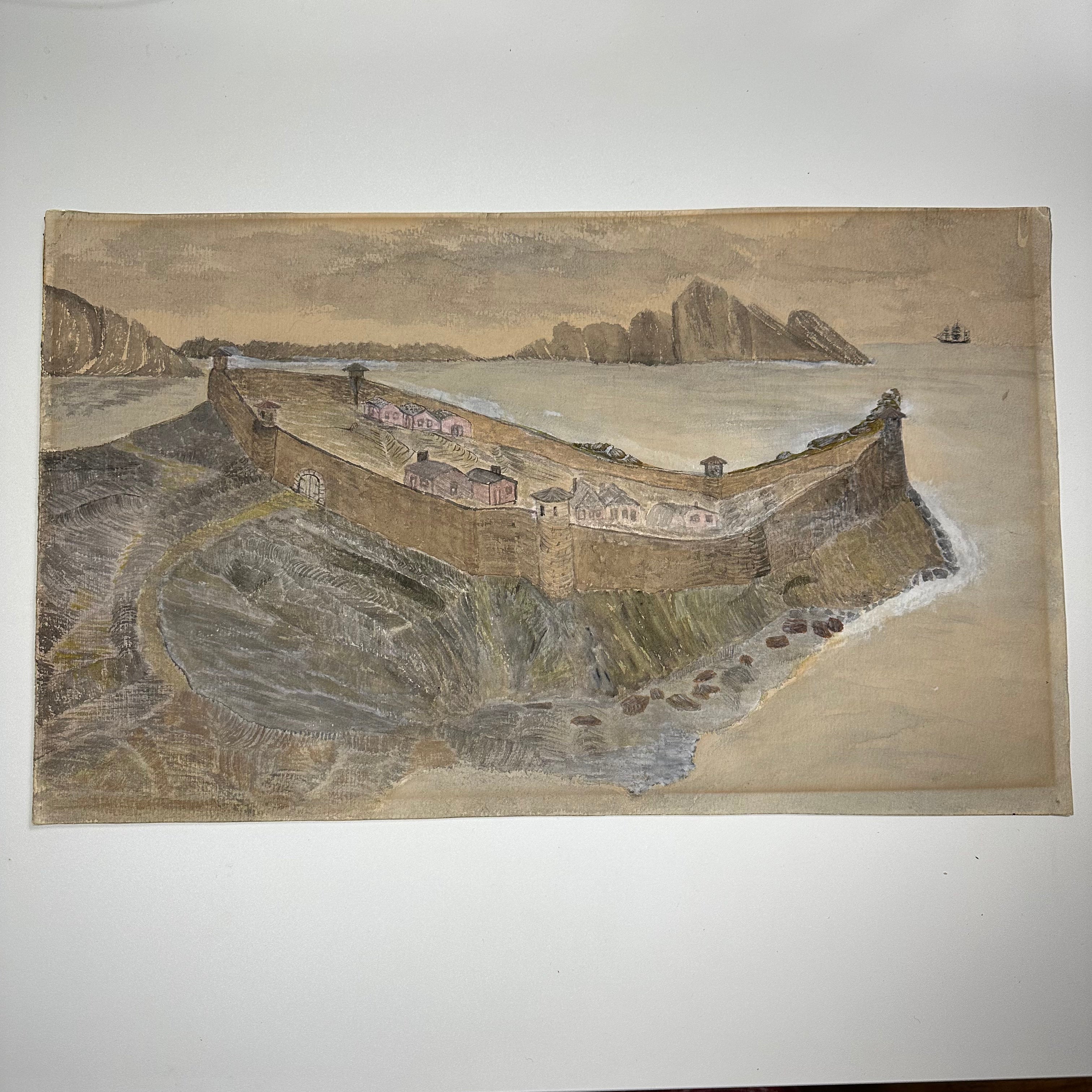 Antique Folk Art Drawing of Fortified City on a Coast | 1800s