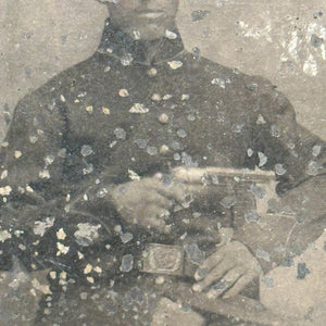 Antique Civil War Tintype of Union Soldier Displaying Pistol