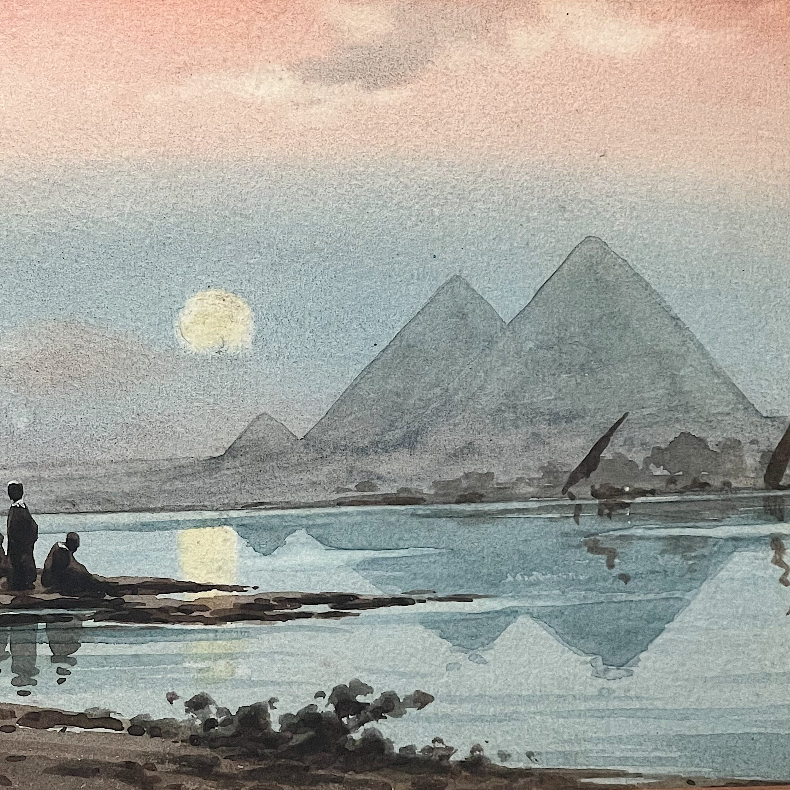 Edwin Lord Weeks Watercolor Painting of Egyptian Pyramid Sunset Landscape - Signed Monogram - Late 1800s Orientalist Paintings -19th Century