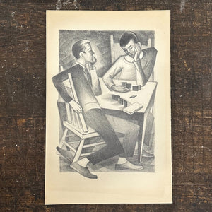 Rare WPA Style Etching of Two Gents Playing a Game - Rare 1950s Unusual Artwork - Minnesota Art - Mystery Artist - Cool Vintage Regionalist Print