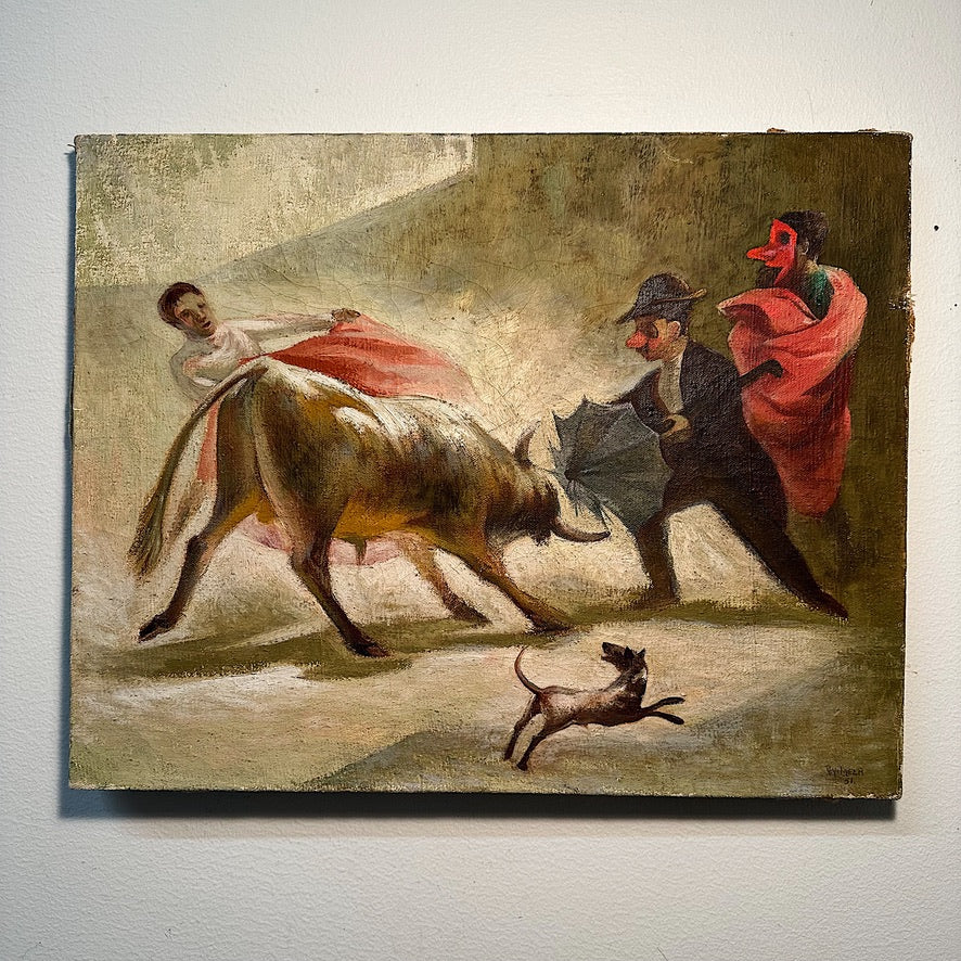 Jose Reyes Meza Painting of Bullfighting Scene with Costumed Figures - 1950s Paintings by Listed Mexican Muralist - Signed and Dated 1951