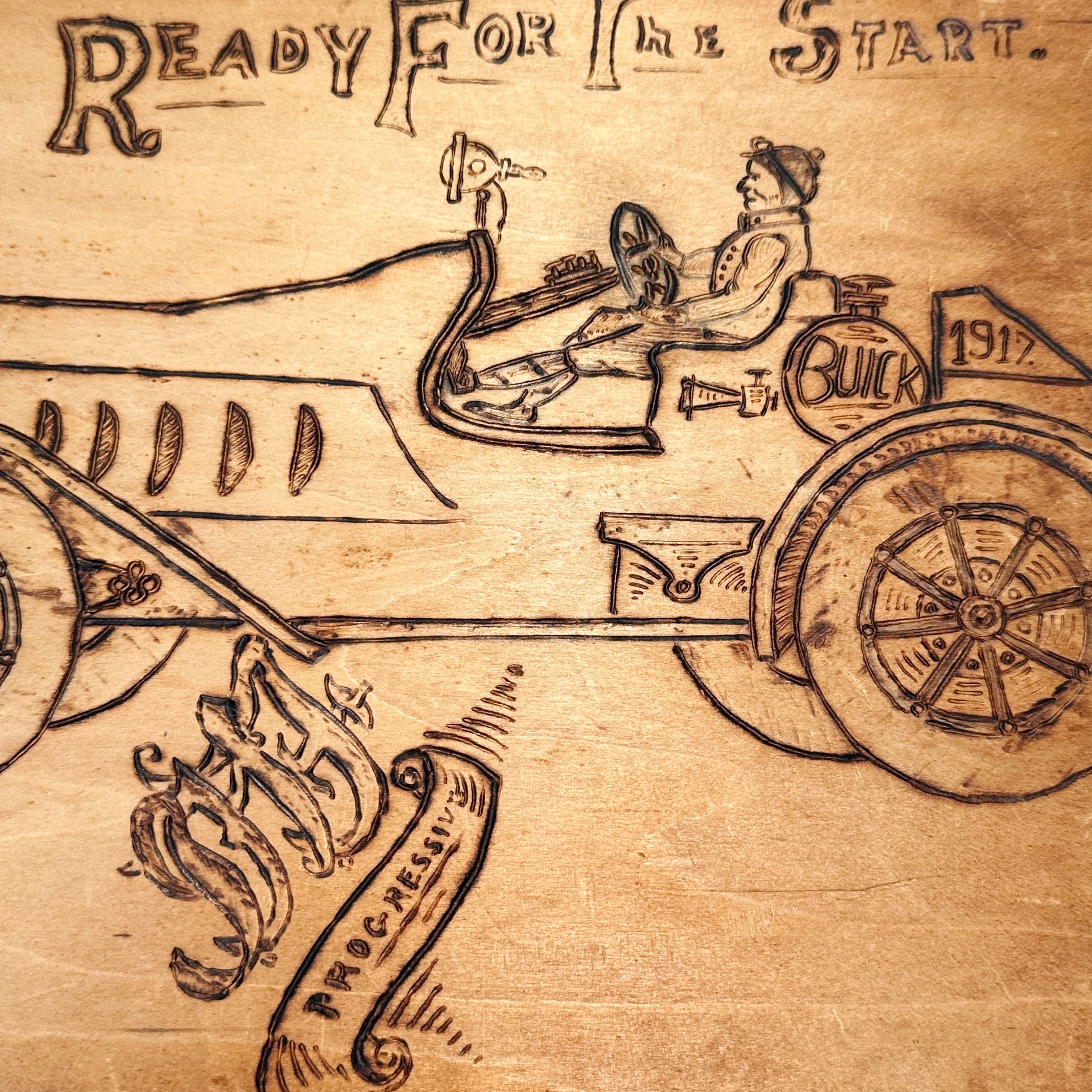 Early 1900s Pyrography Wood Burning of Buick Touring Car