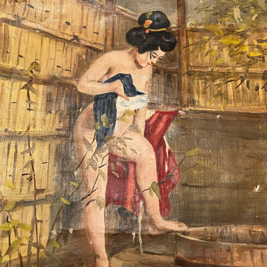 Antique Geisha Nude Oil Painting on Canvas - Rare Early 1900s Asian Artwork - Mystery Artist - Unusual Turn of the Century Artwork