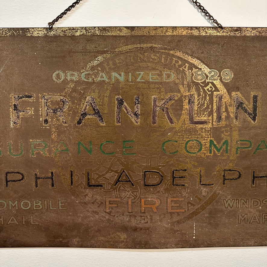 Rare Antique Franklin Fire Insurance Company Of Philadelphia Sign - Rare Early 1900s Advertising Metal Signs - 27" x 14" Hanging Wall Art