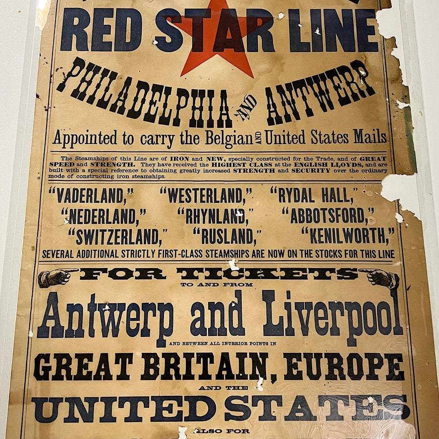 19th Century Red Start Liner Broadside Poster for Steamship - 1800s Antique Posters - Rare Immigrant Historical Documents - AS IS