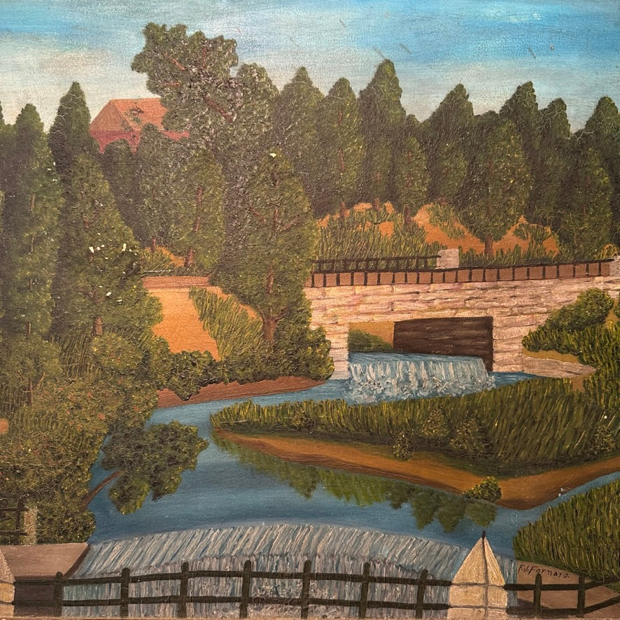 WPA Era Folk Art Painting of Waterfall Landscape | 1934