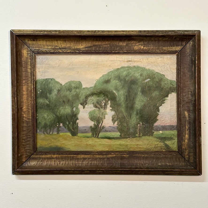 Rare Early 1900s Tonalist Painting of Trees in a Landscape - Date 1919 - Signed "M. Brown"  - Mystery Artist - Hudson River Barbizon Style- AS IS