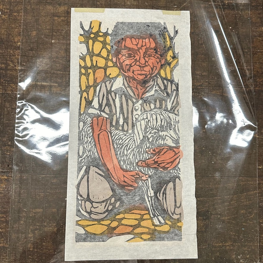 1960s Woodcut Print of Boy Holding.a Lamb | "El Favorito"