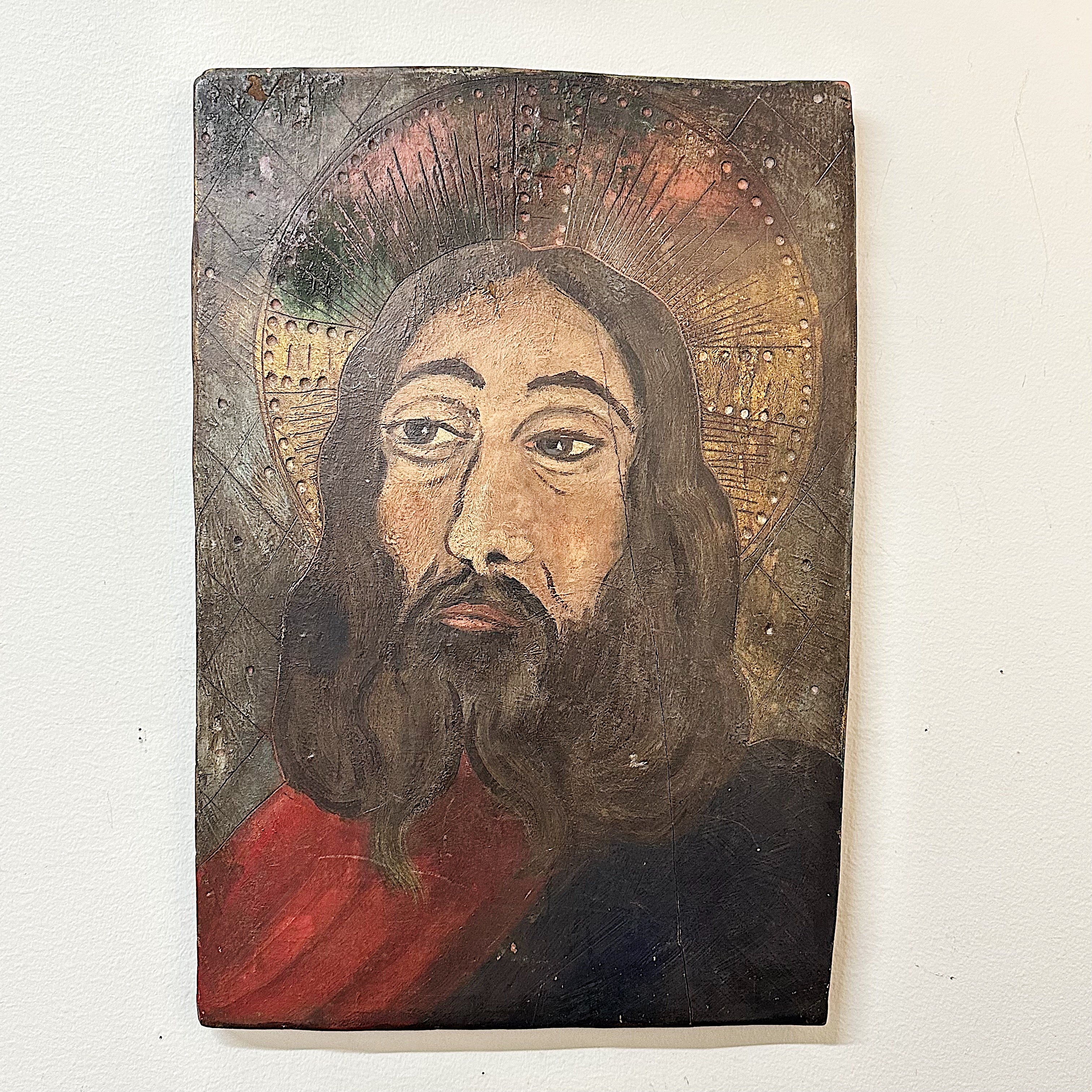 Rare Antique Retablo Painting of Jesus - Turn of the Century Folk Art - Rare Spanish Colonial Art - Early 1900s Iconic Paintings - Carved Wood
