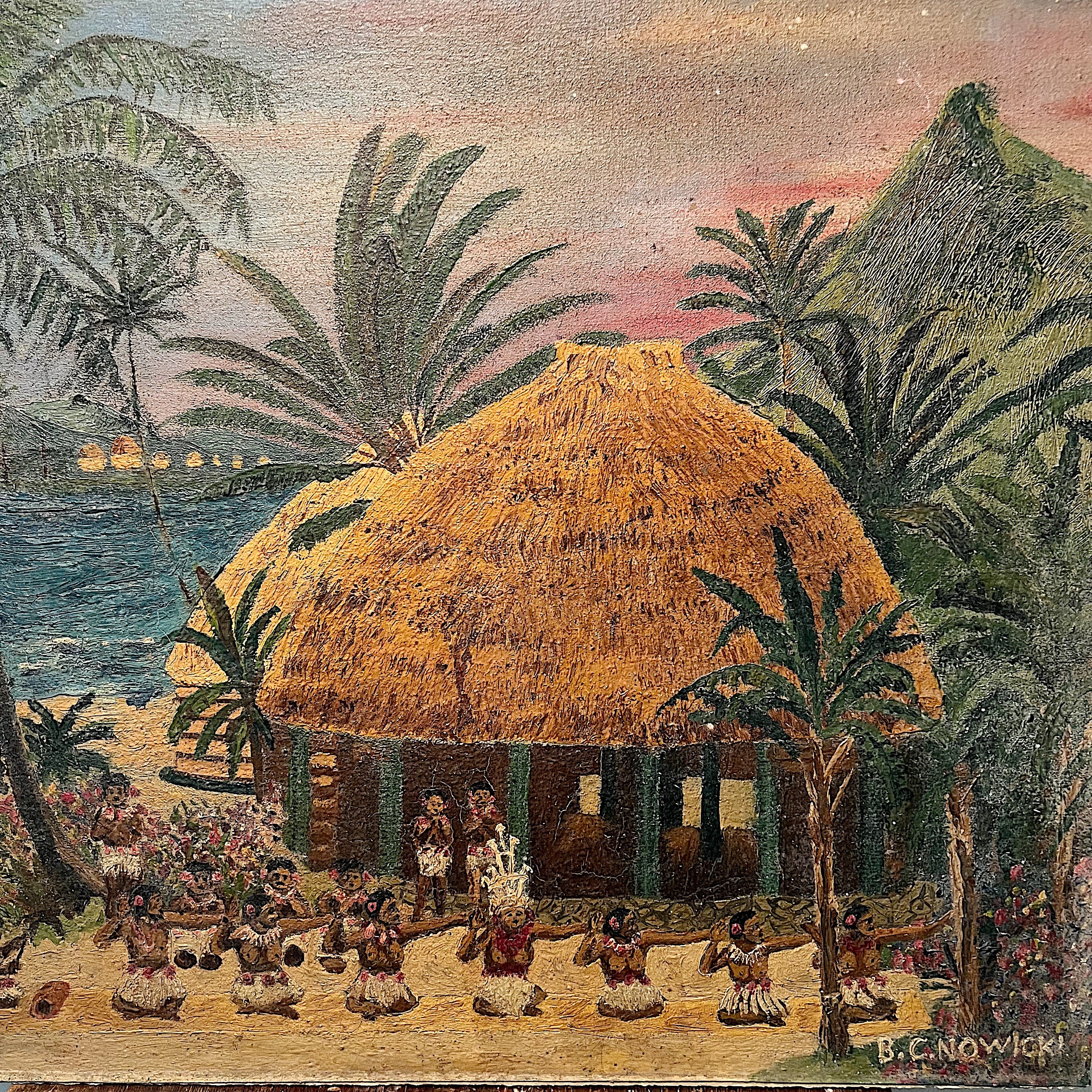 1940s Hawaiian Painting of Luau Ceremony by B.C. Nowicki - Rare Unusual Folk Art Paintings - Milwaukee Estate - Oil on Canvas Board - AS IS