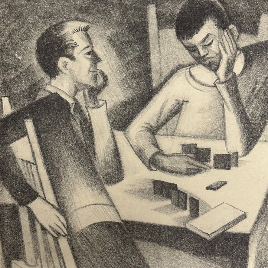 WPA Style Etching of Two Gents Playing a Game - Rare 1950s Unusual Artwork - Minnesota Art - Mystery Artist - Cool Vintage Regionalist Print