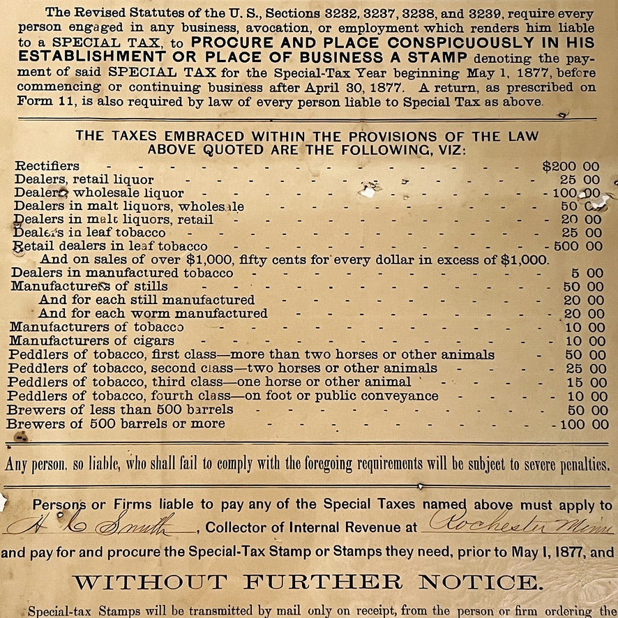 19th Century Liquor Tobacco Broadside Poster for Special Taxes
