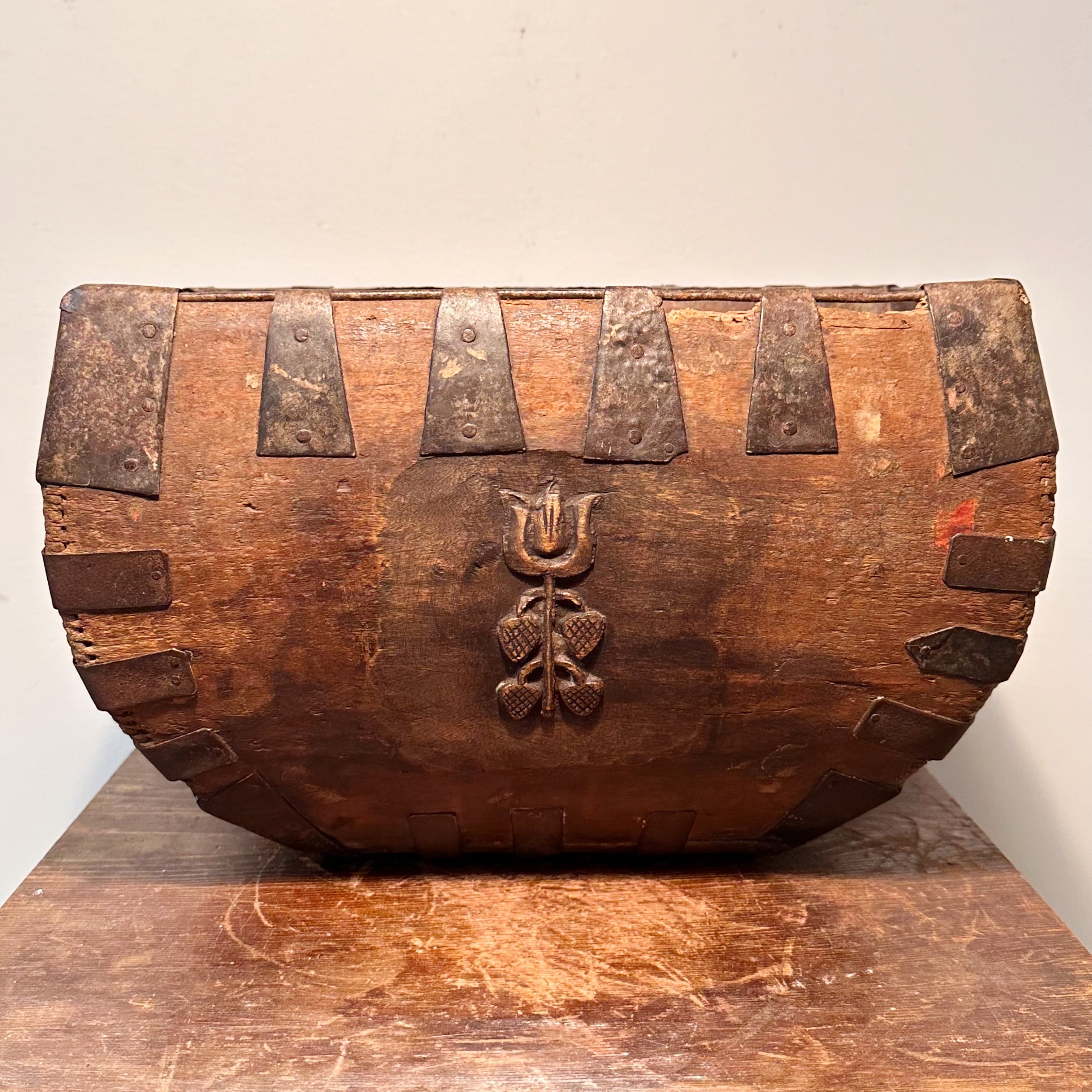 Antique Chinese Wood Grain Basket with Stylized Tulip Carving