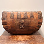 Antique Chinese Wood Grain Basket with Stylized Tulip Carving