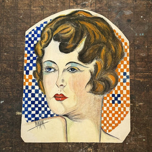 Rare 1920s Deco Painting of Stylized Flapper Woman Gazing - Signed Wickland - Antique Watercolor and Ink Paintings  - Rare Mystery Artist Art