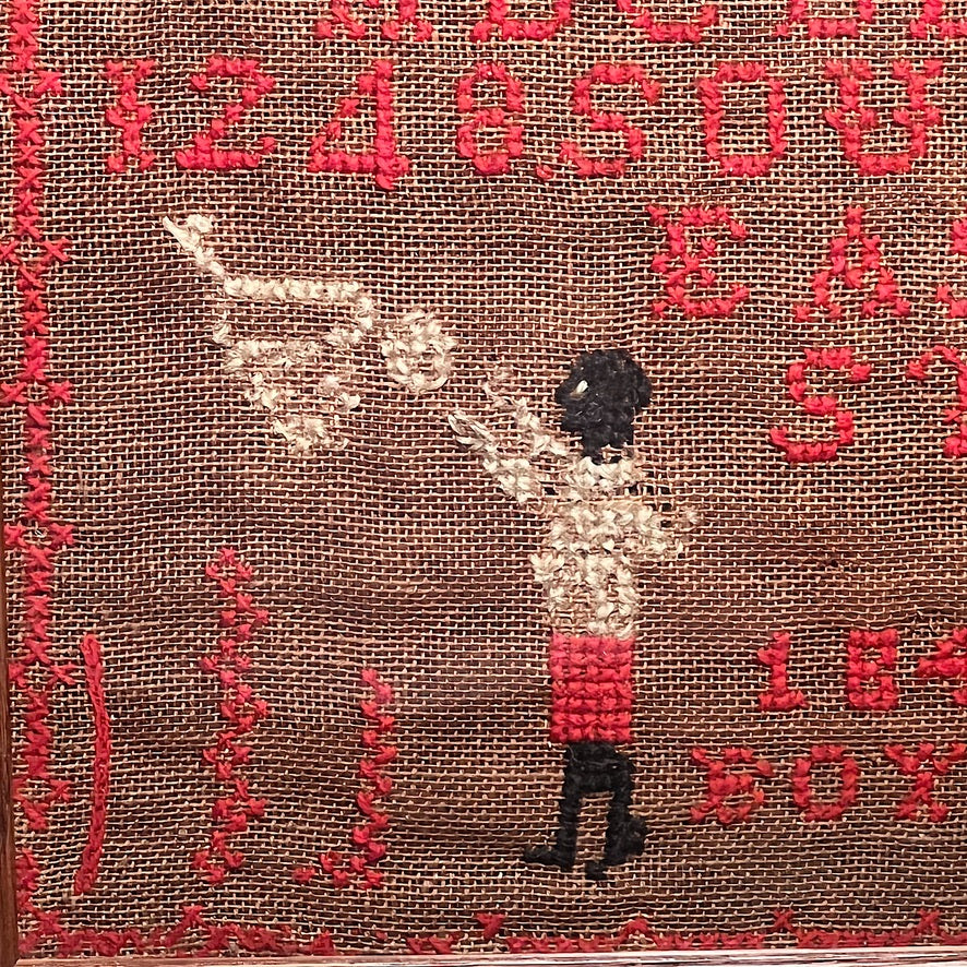 1920s African American Folk Art Sampler of Black Youth Playing Basketball - Rare Boy Scouts Needlework Samplers from Illinois -  Chicago?