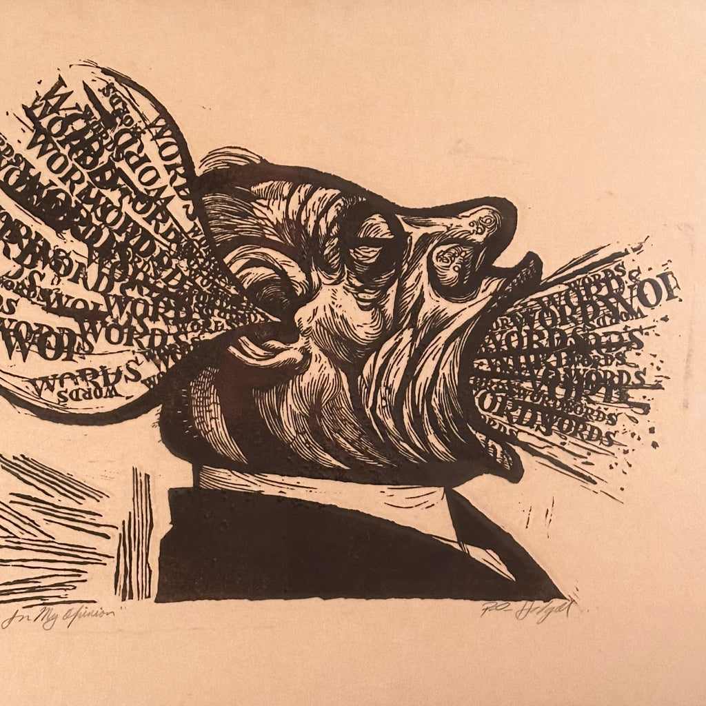 Robert O. Hodgell  Linocut Print titled “In My Opinion” - Oh Happy Day - Early 1980s - Signed Wisconsin Artwork - Limited