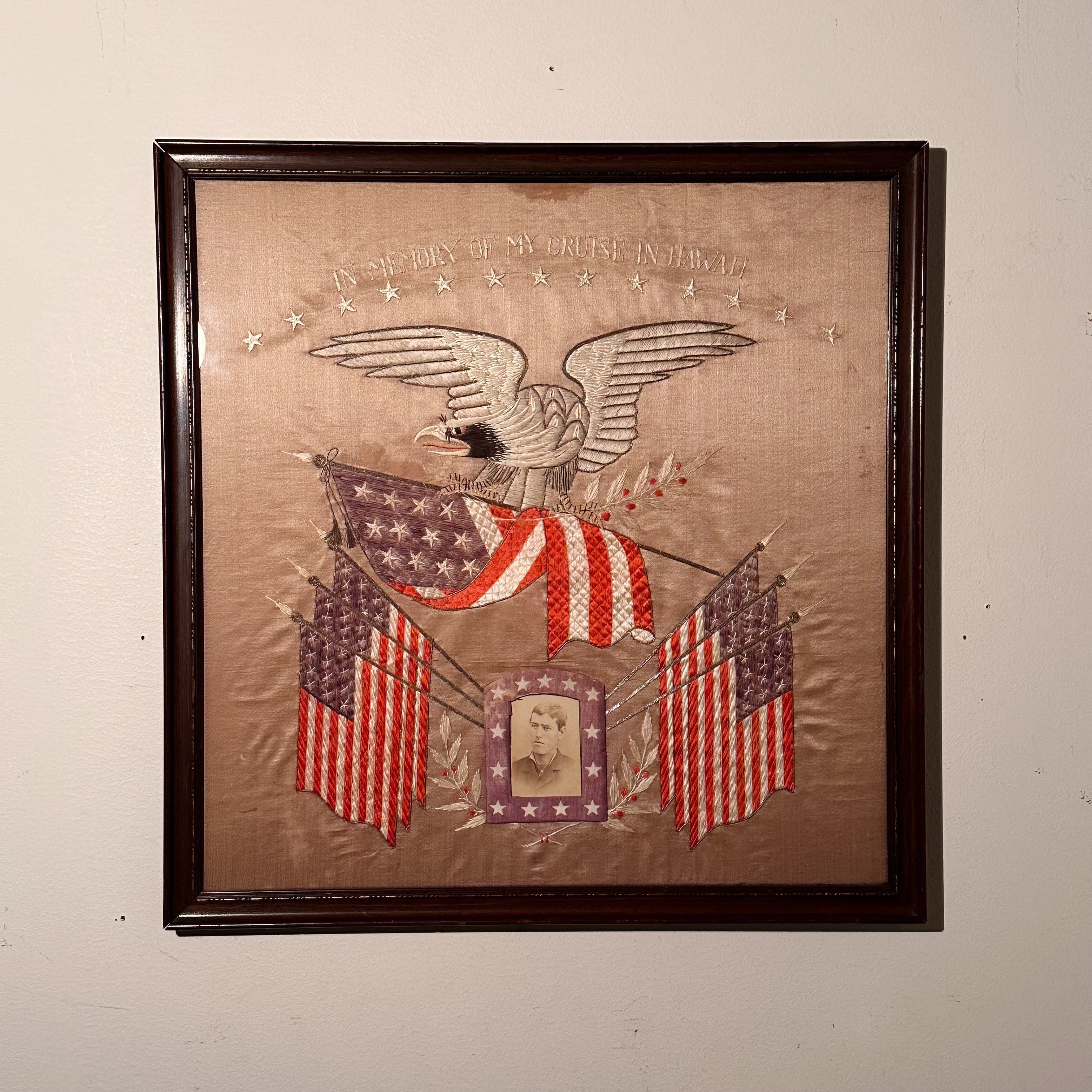 Early 1900s Souvenir Silk Embroidery of Military Hawaiian Cruise