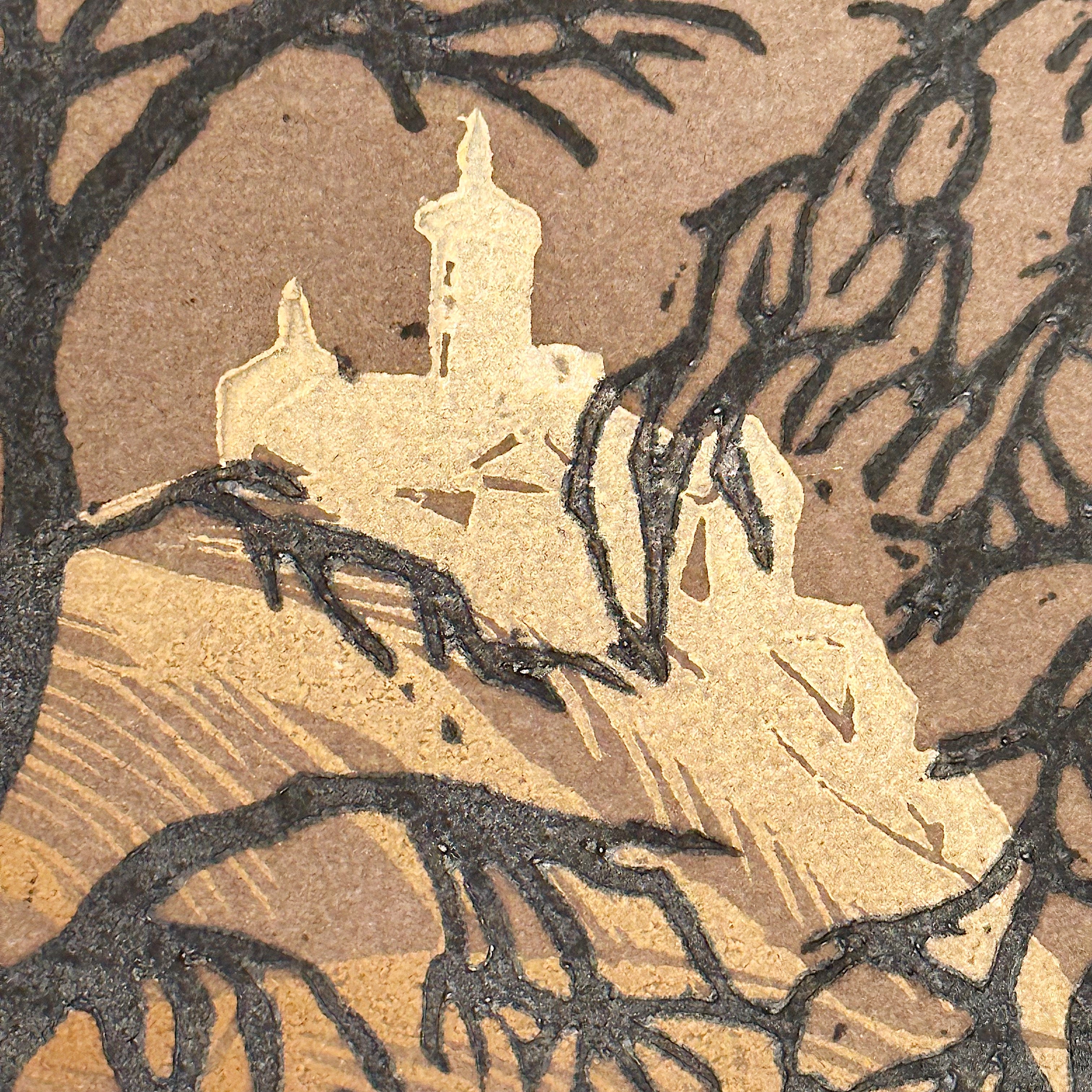 1920s Linocut Mixed Media Artwork of Castle in the Hills | California