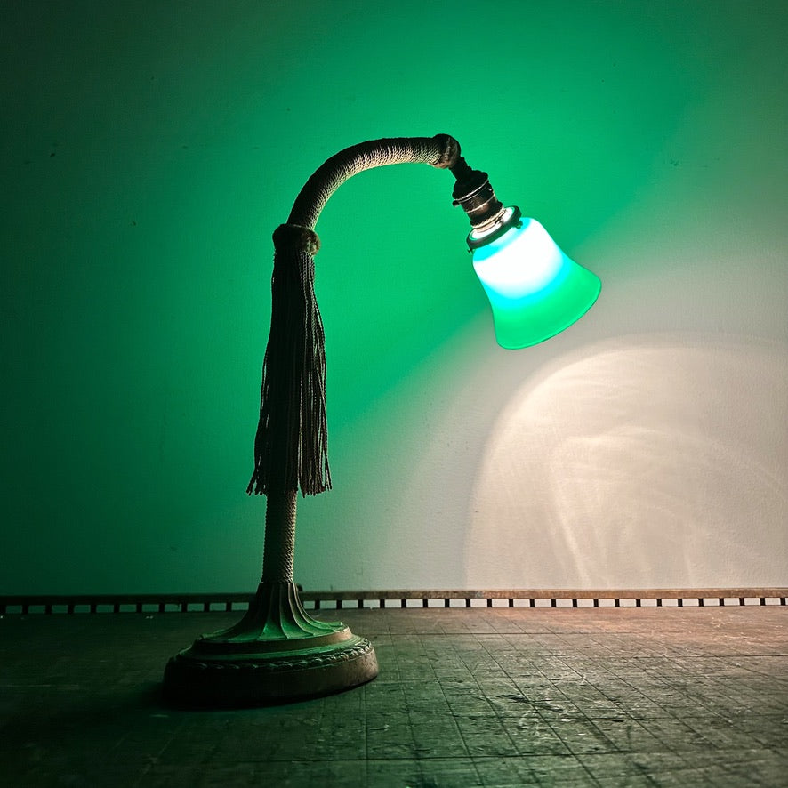 Antique Bordello Gooseneck Lamp with Ornate Green Metal Base - Rare 1920s Milwaukee Brothel Light -  Vintage Lamps - Unusual Lighting